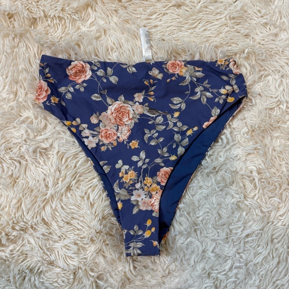 WhoWoreWhat Bikini Bottom Picot Delilah Floral novelty print Blue XS high rise